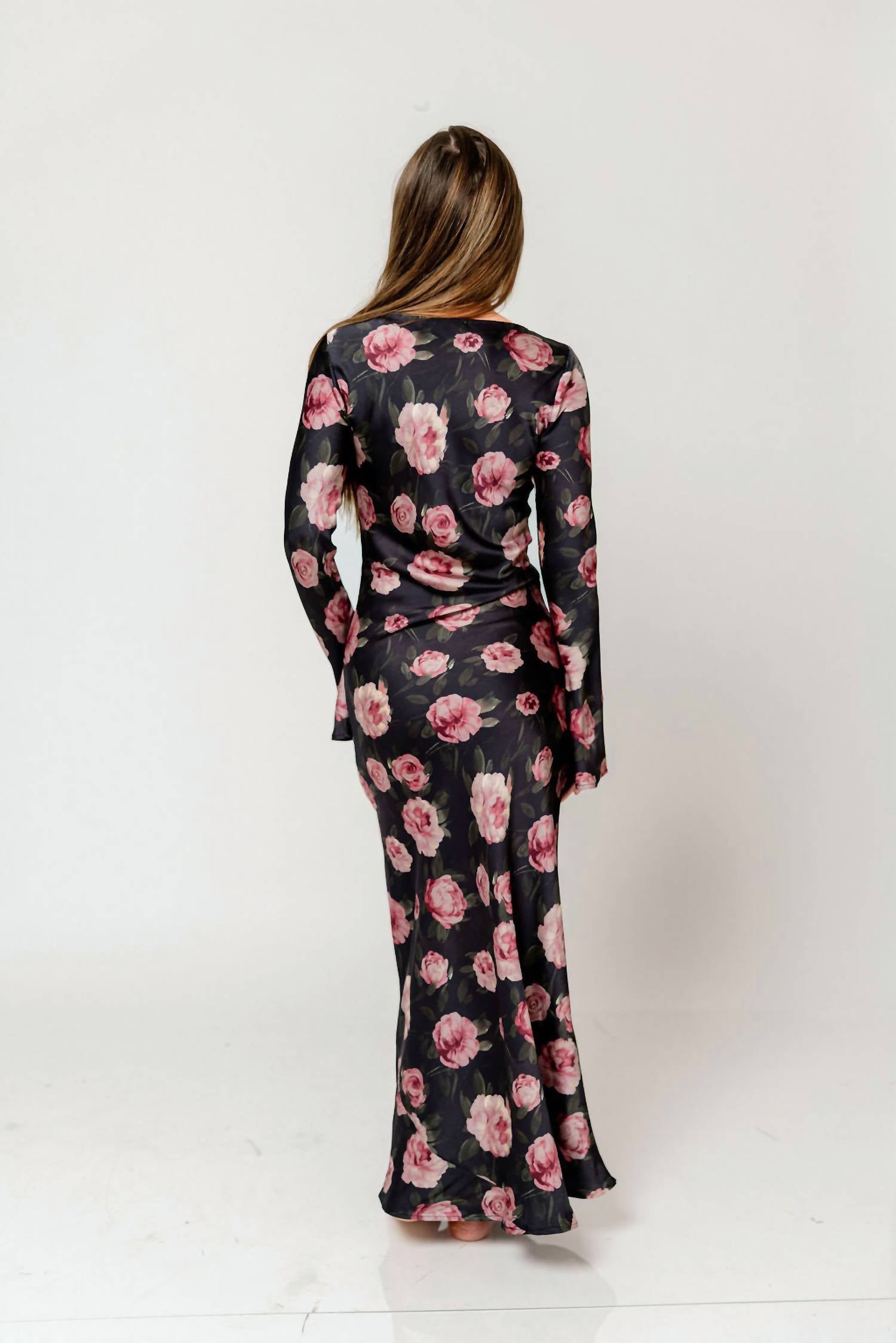 Sofie the Label Georgie Floral Satin Bias Maxi Dress in black mauve - women's dress - detail view