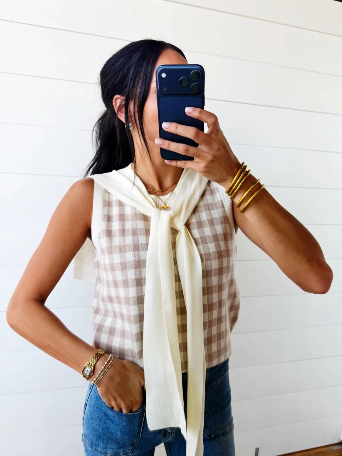 Faire - Women's Plaid Knit Detachable Shawl Wrap Sweater Tank Top