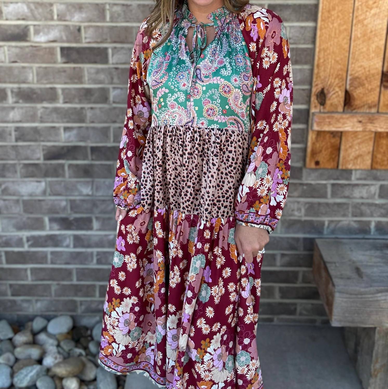 Umgee - Boho Patchwork Print Tiered Midi Dress