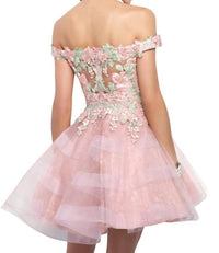 Blush Prom - Off Shoulder Floral Applique Homecoming Dress