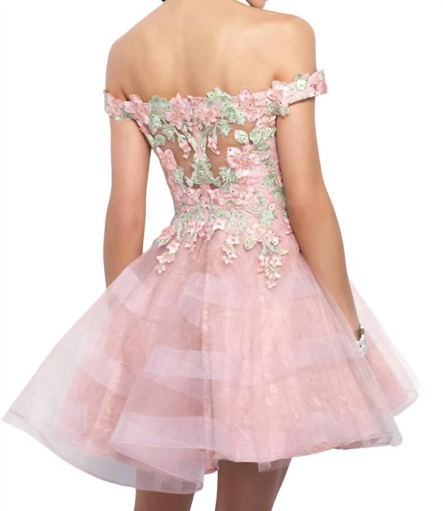 Blush Prom - Off Shoulder Floral Applique Homecoming Dress