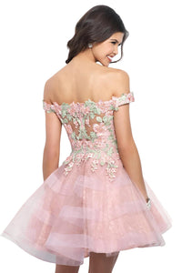 Blush Prom - Off Shoulder Floral Applique Homecoming Dress