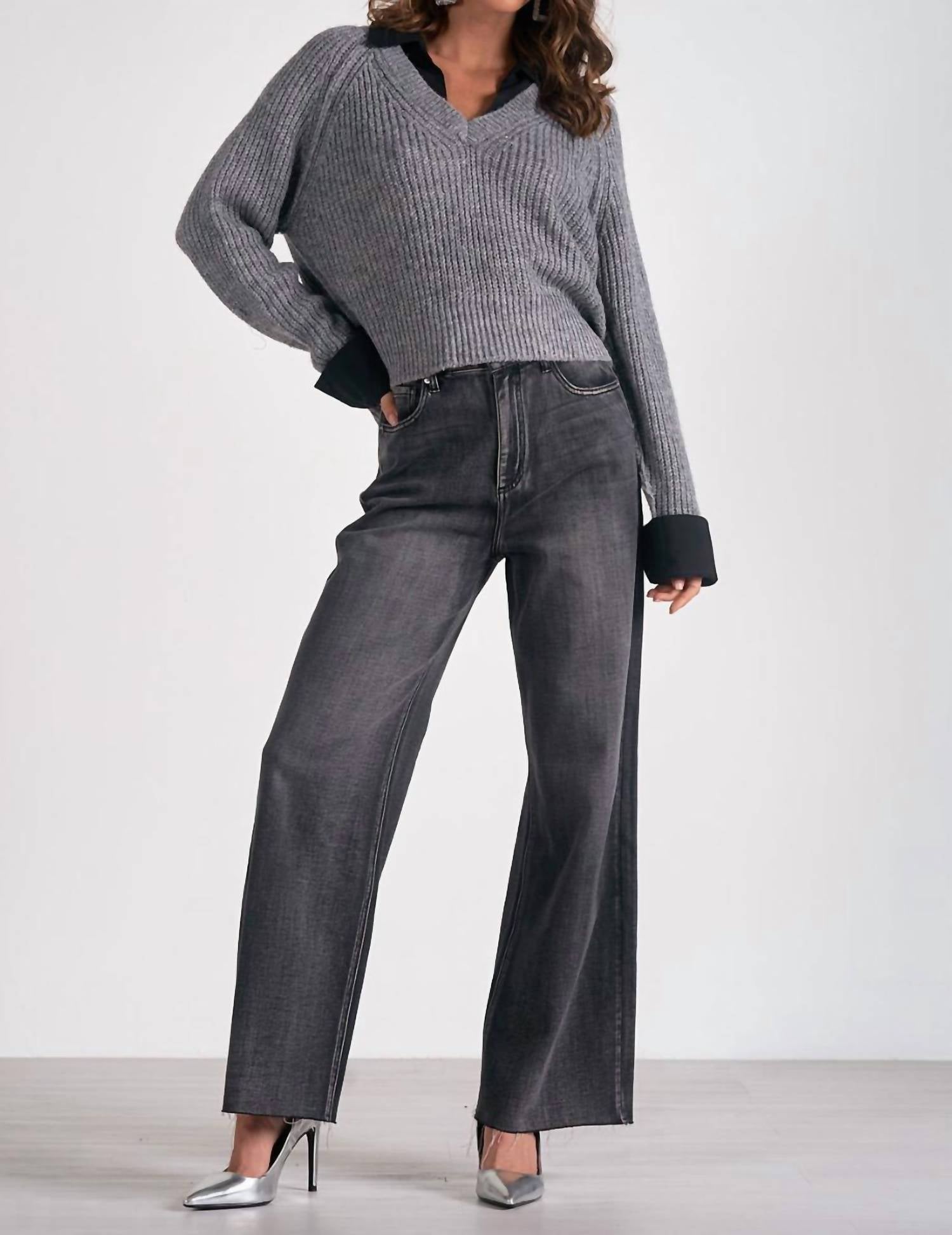 ELAN V-neck Sweater With Collar in grey - women's sweater - detail view