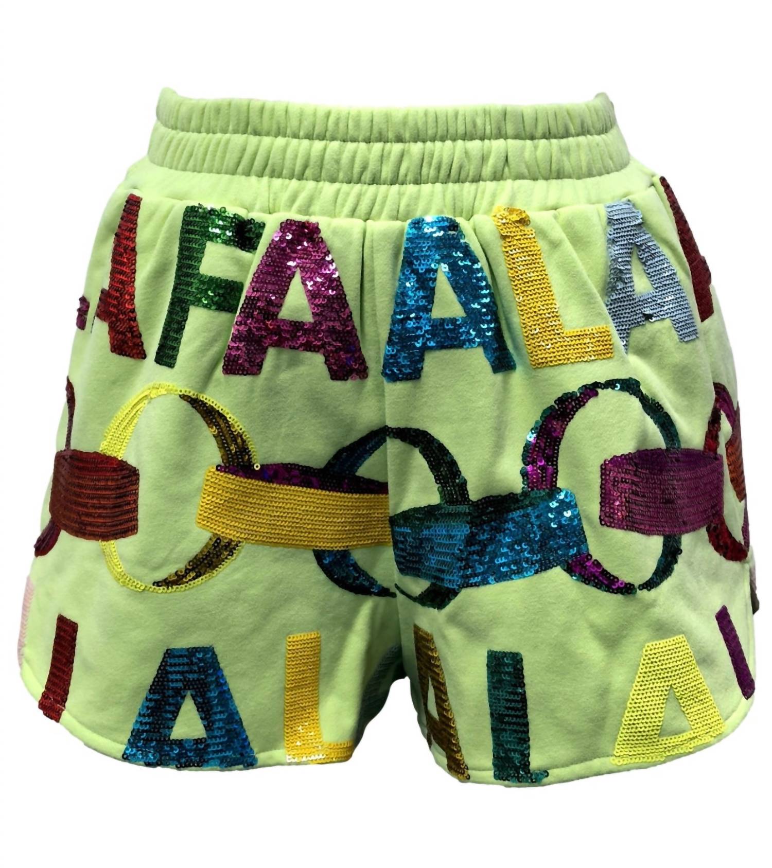 QUEEN OF SPARKLES Women's Falala With Garland Shorts in yellow green - women's shorts