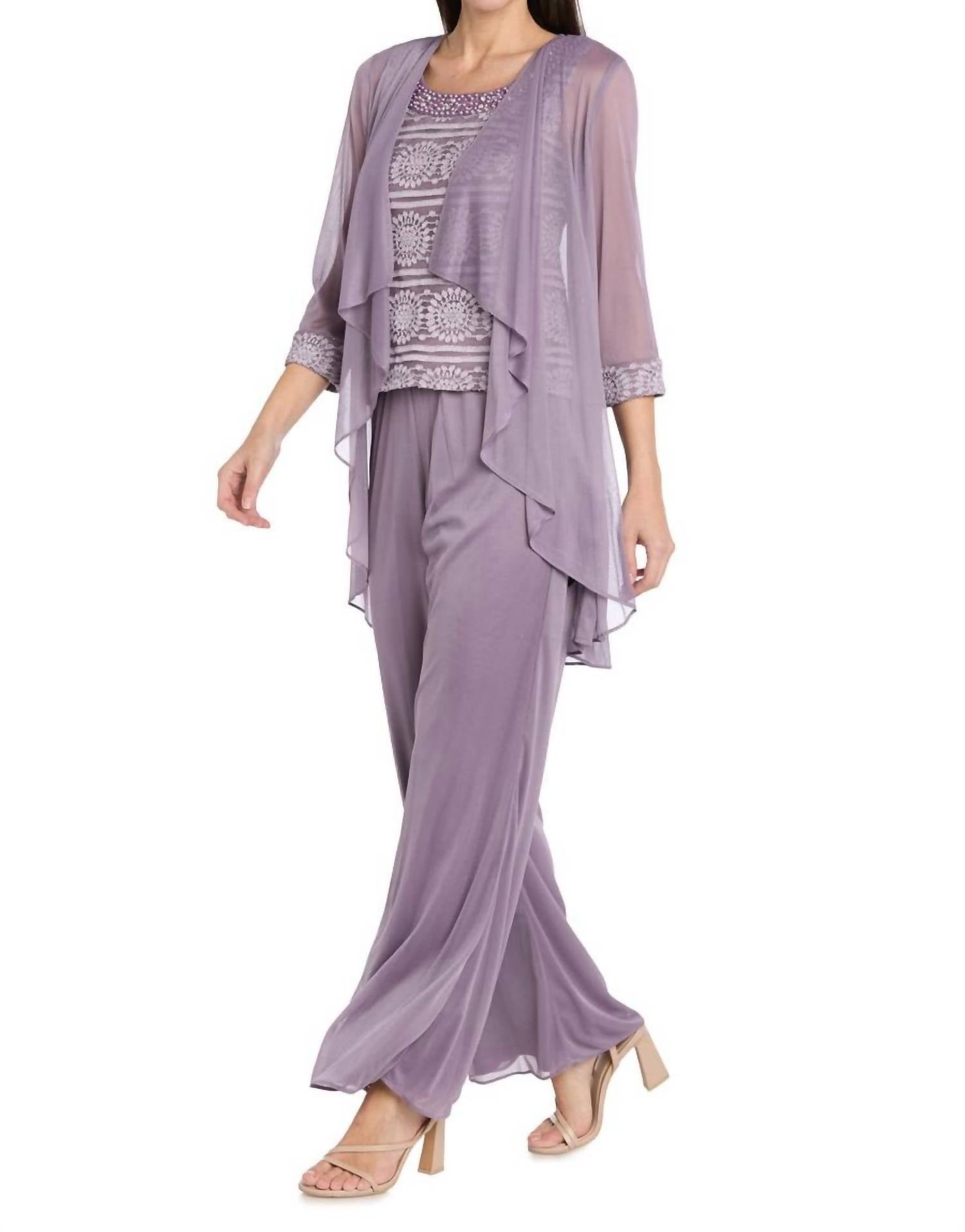 R&M Richards - Glitter Embroidered Pant Suit With Pearl Neckline