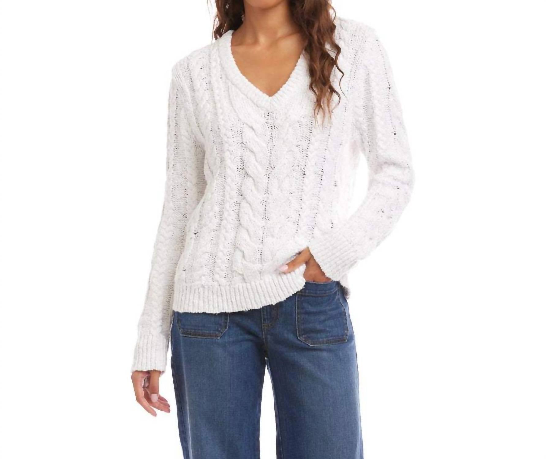 Karen Kane Cable Knit V-neck Sweater in off white - women's sweater