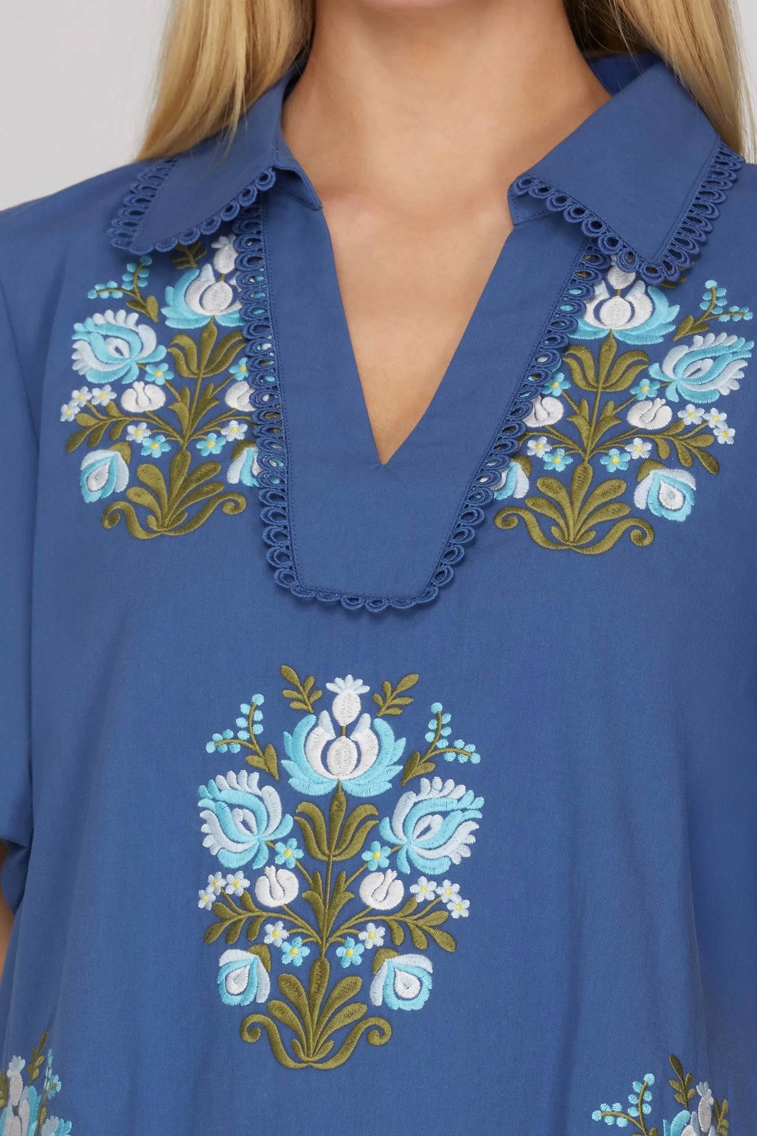 She + Sky - Embroidered Collar V-neck Dress