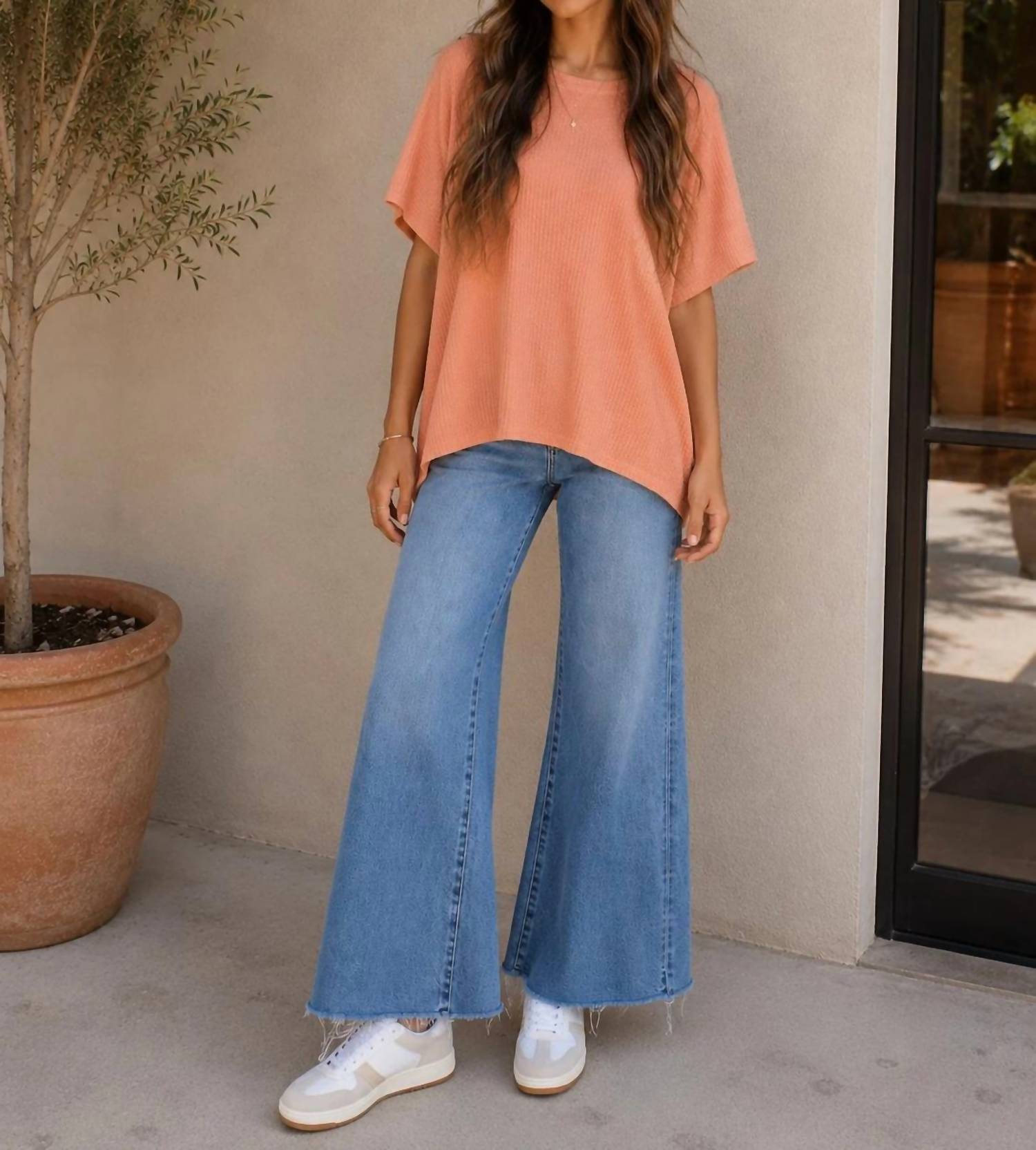Apricot - Waffle Hanky Hem Oversized Tee