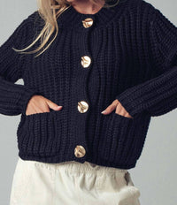 Urban Daizy Chunky Button Ribbed Knit Cardigan in black - women's cardigan - detail view