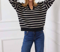 Karen Kane Stripe Polo Sweater in black with ecru - women's sweater - view 5