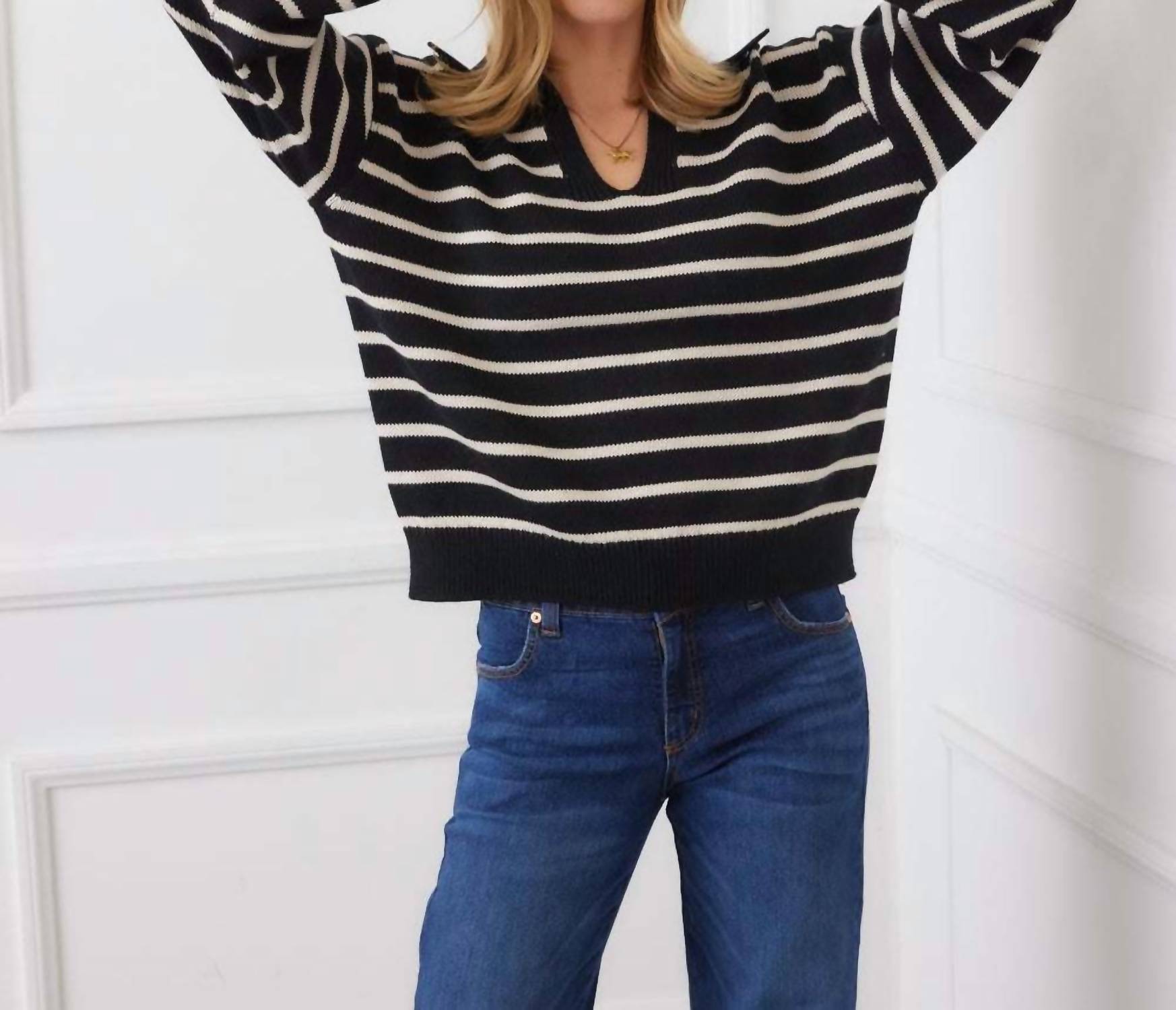 Karen Kane Stripe Polo Sweater in black with ecru - women's sweater - view 5