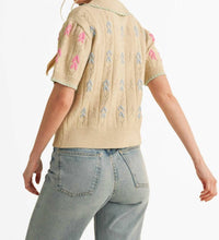 &merci Hand Embroidered Short Sleeve Button Down Sweater in beige - women's blouse - detail view