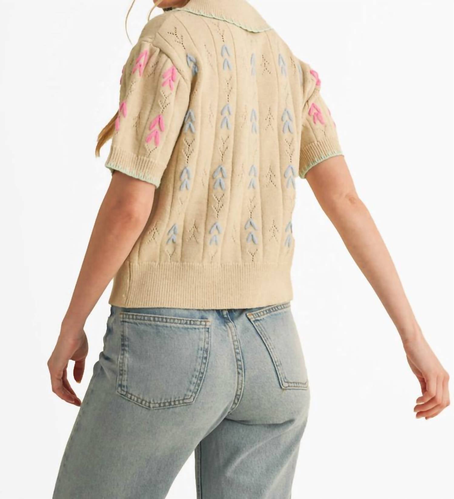 &merci Hand Embroidered Short Sleeve Button Down Sweater in beige - women's blouse - detail view