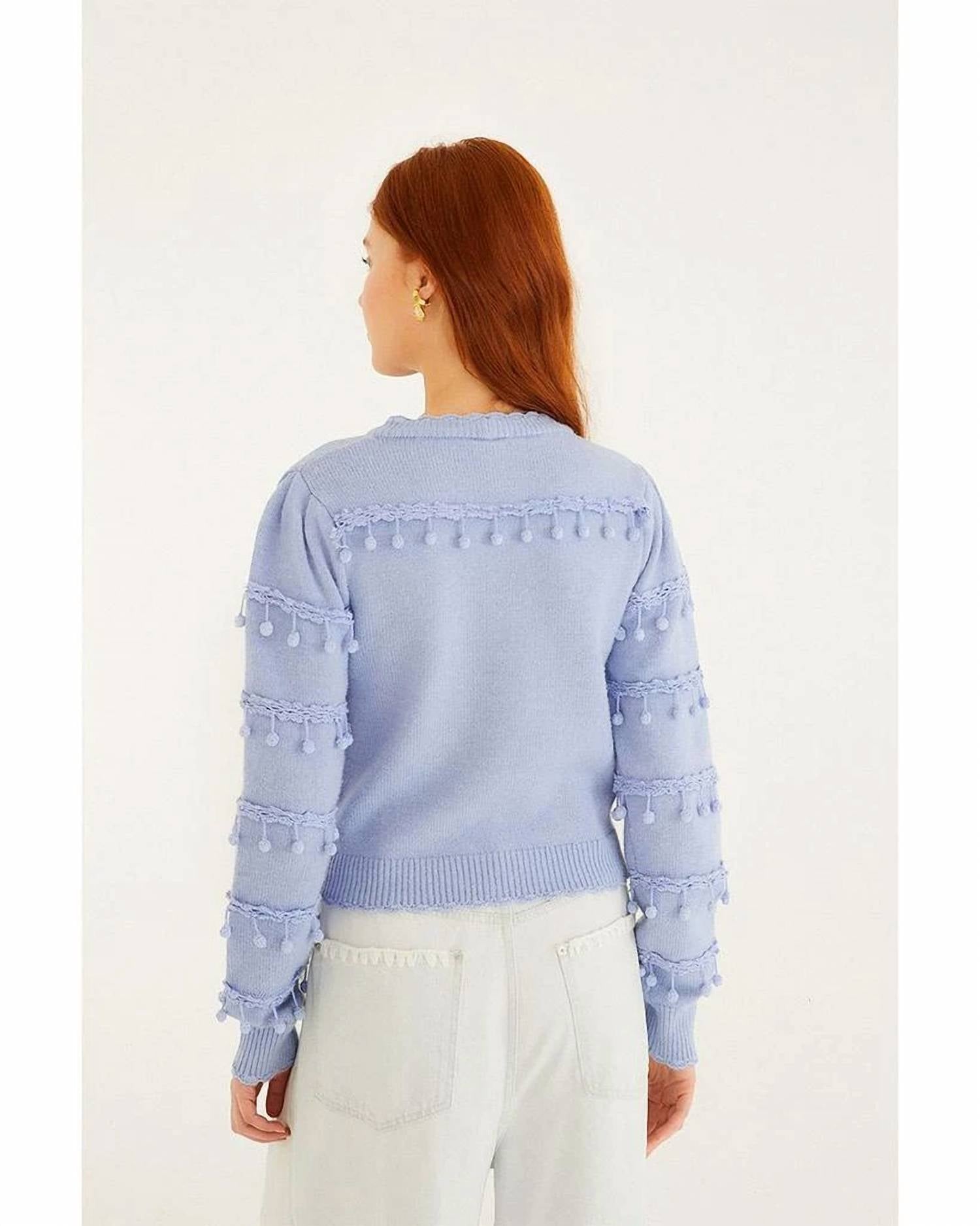 FARM RIO Bubble Trim Knit Sweater in blue - women's sweater - detail view