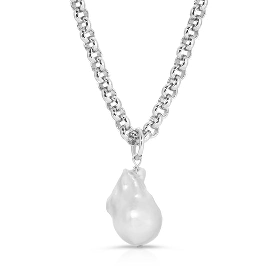 Eklexic - Women's Micro Royal Chain With Xl Baroque Pearl Pendant Necklace