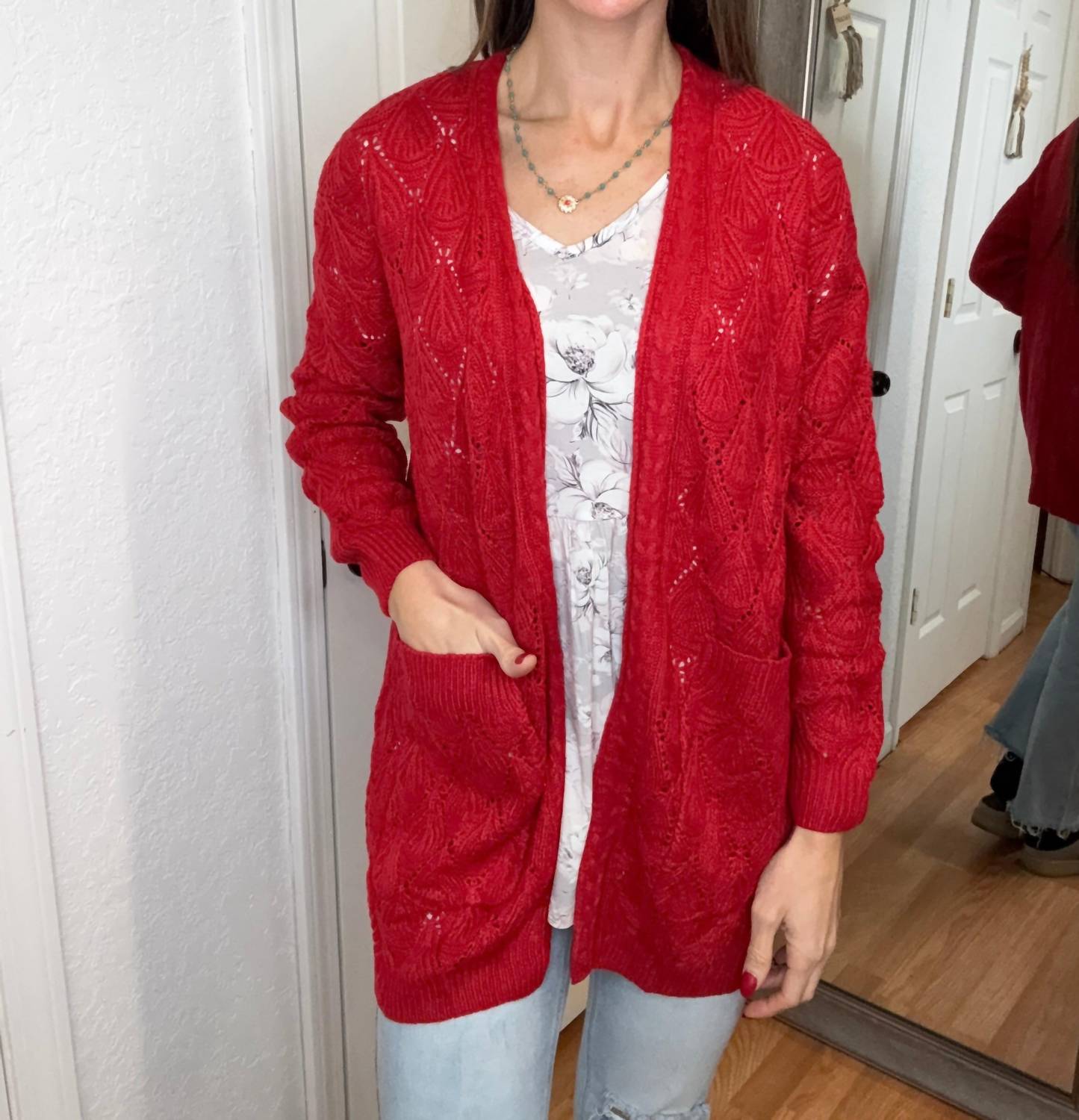Michelle Mae Romona Open Knit Cardigan in red - women's cardigan