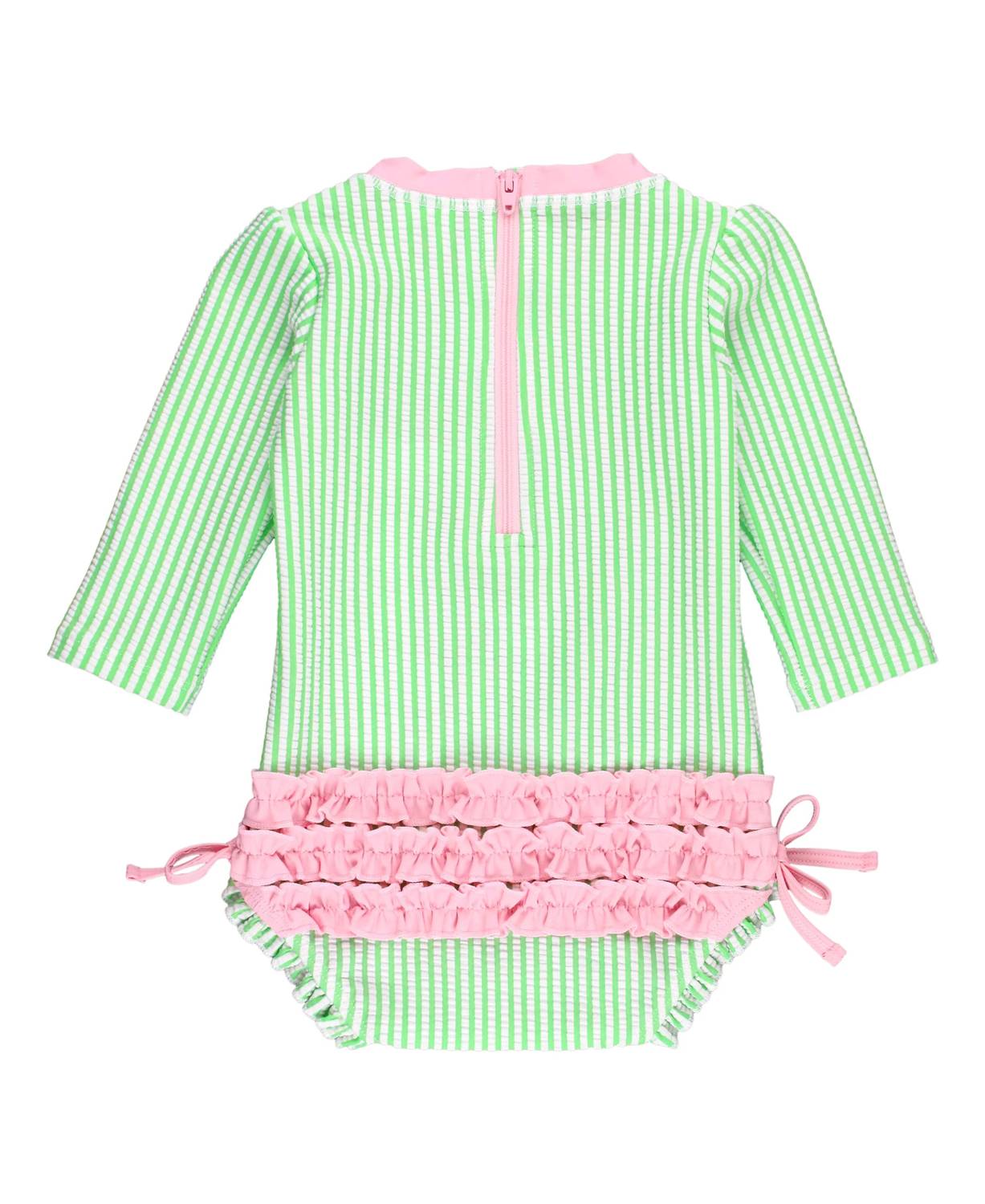Rufflebutts - Seersucker Long Sleeve One Piece Ruffle Rash Guard Swimsuit