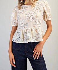 Ee:Some - Floral Lace Puff Sleeve Blouse