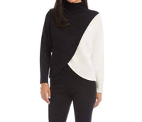Karen Kane Long Sleeve Crossover Colorblock Top in black with ivory - women's blouse - detail view