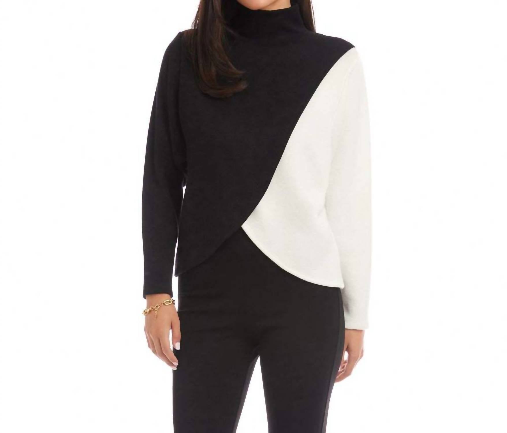 Karen Kane Long Sleeve Crossover Colorblock Top in black with ivory - women's blouse - detail view