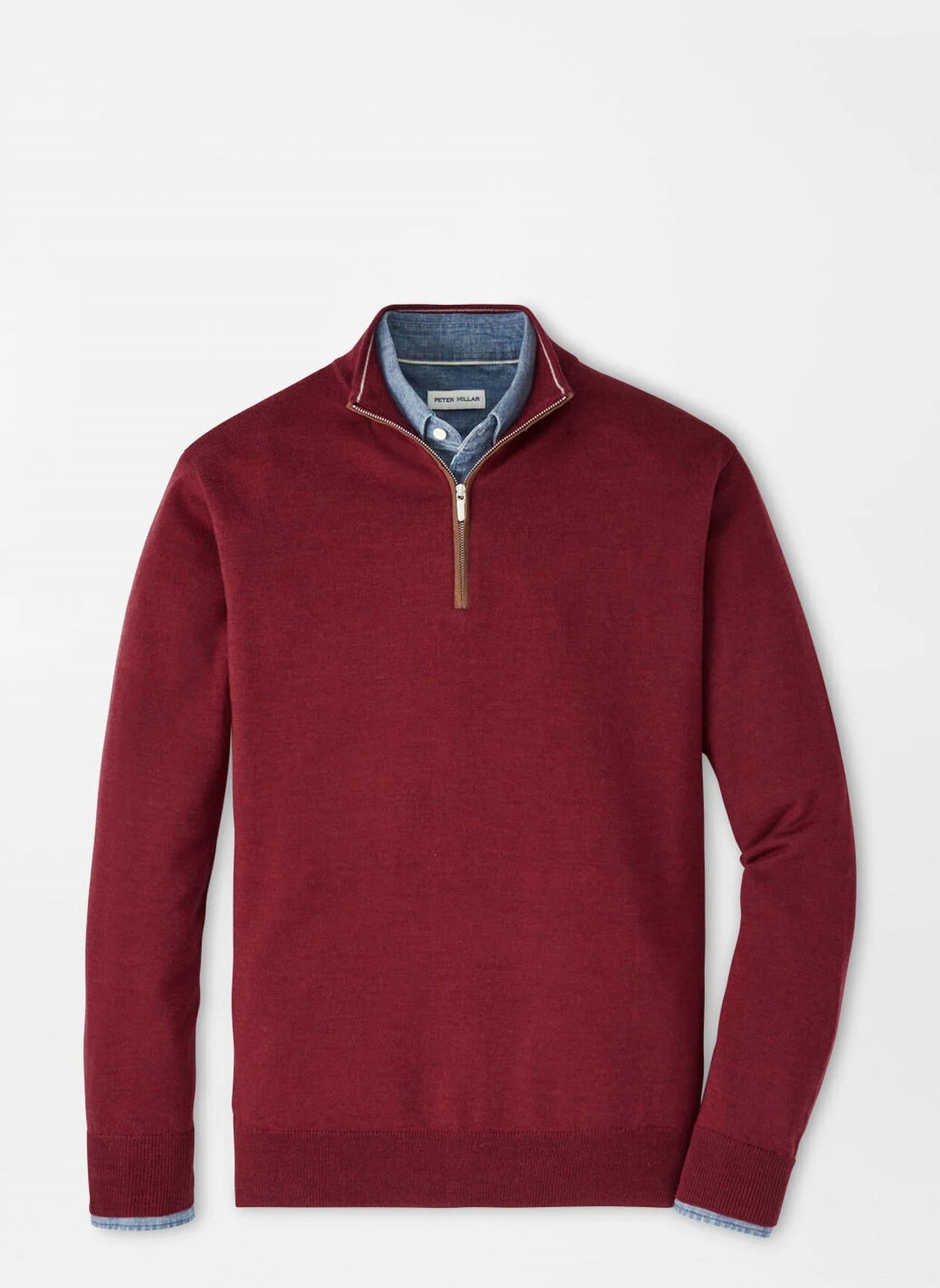 PETER MILLAR Autumn Crest Suede Trim Quarter Zip Sweater in brick red - men's sweater - alternate view