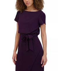 kensie Tulip-sleeve Tie-waist Sheath Dress in deep purple - women's dress - detail view
