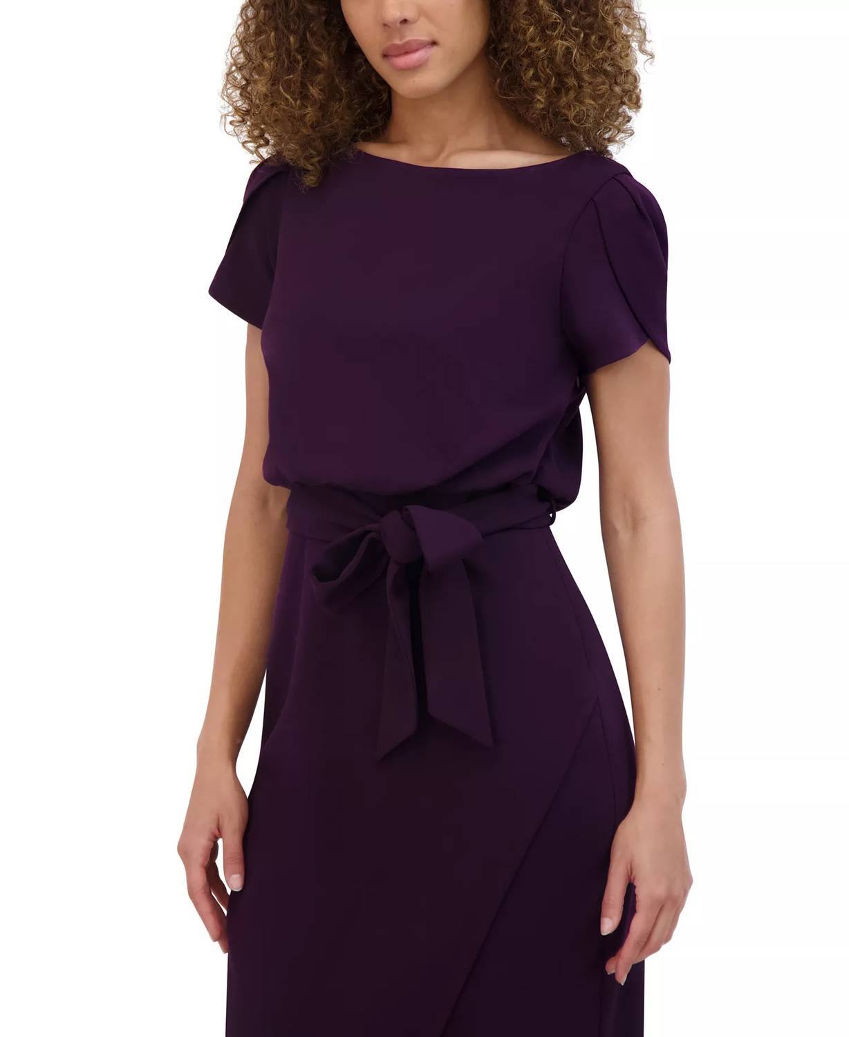 kensie Tulip-sleeve Tie-waist Sheath Dress in deep purple - women's dress - detail view