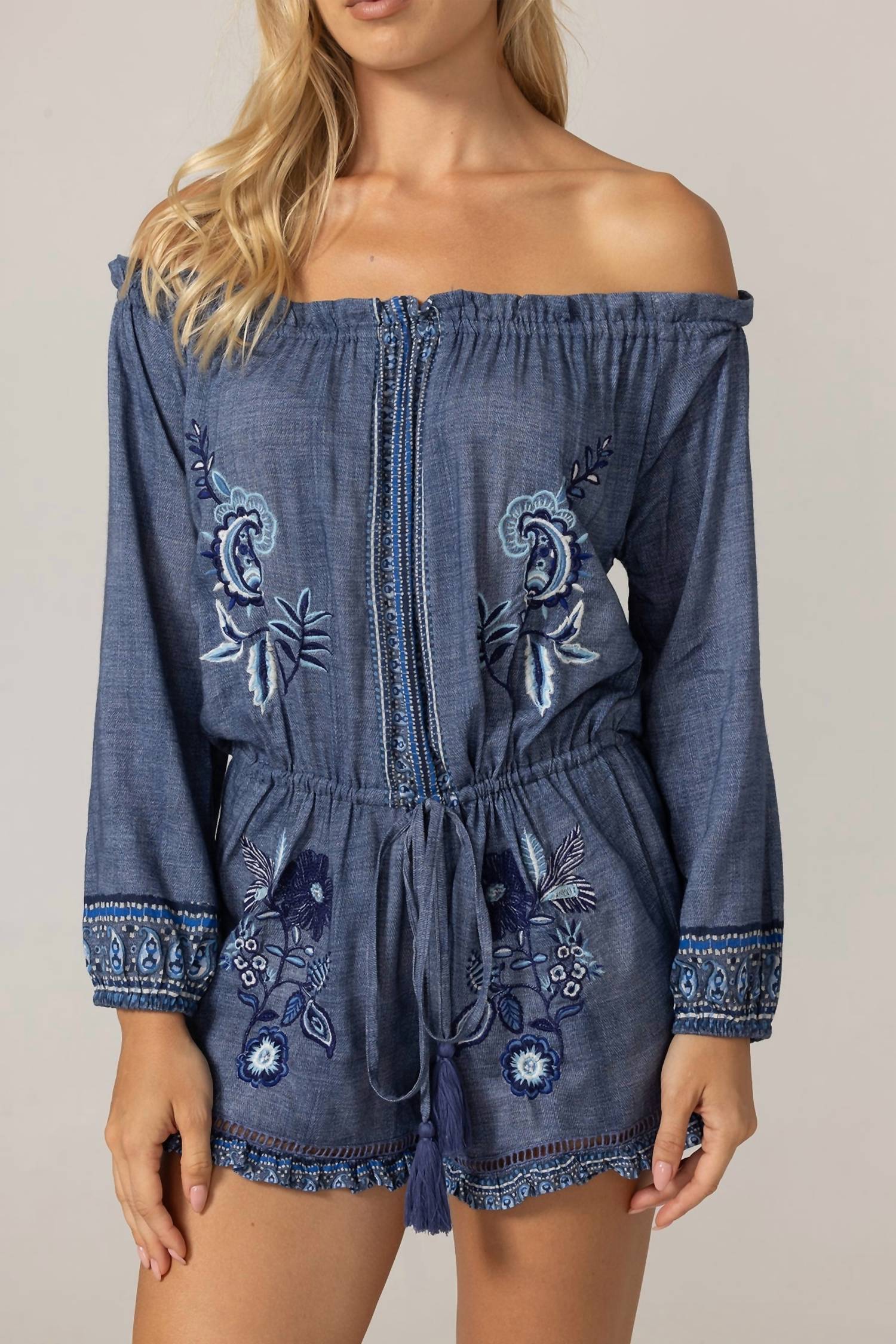 Miss June Paris Alba Off The Shoulder Playsuit in blue - women's pants - alternate view