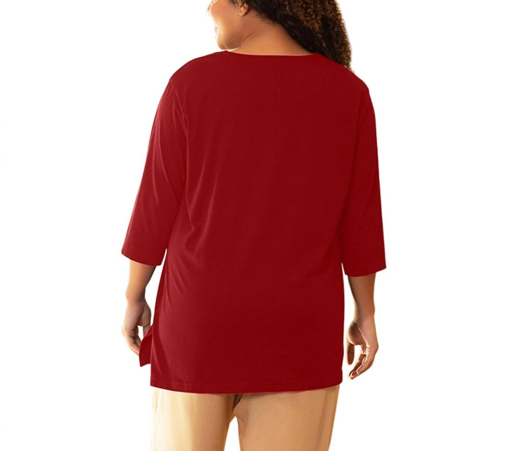 On The Plus Side - Cotton U-Neck 3/4 Sleeve Tee - Plus