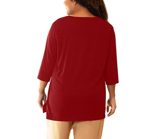 On The Plus Side - Cotton U-Neck 3/4 Sleeve Tee - Plus