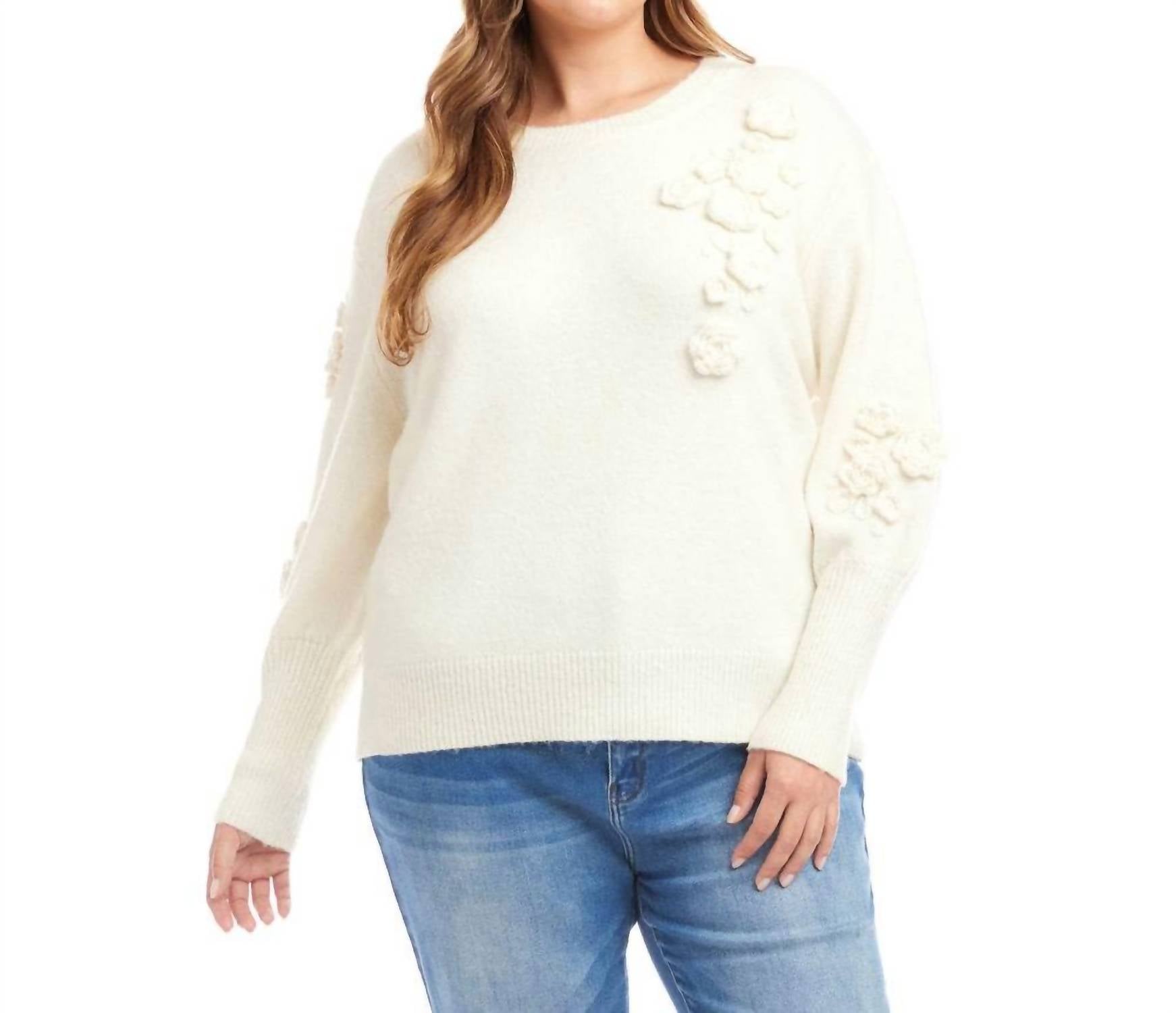 Karen Kane Hand Embroidered Flower Detail Sweater - Plus in light oatmeal - women's sweater