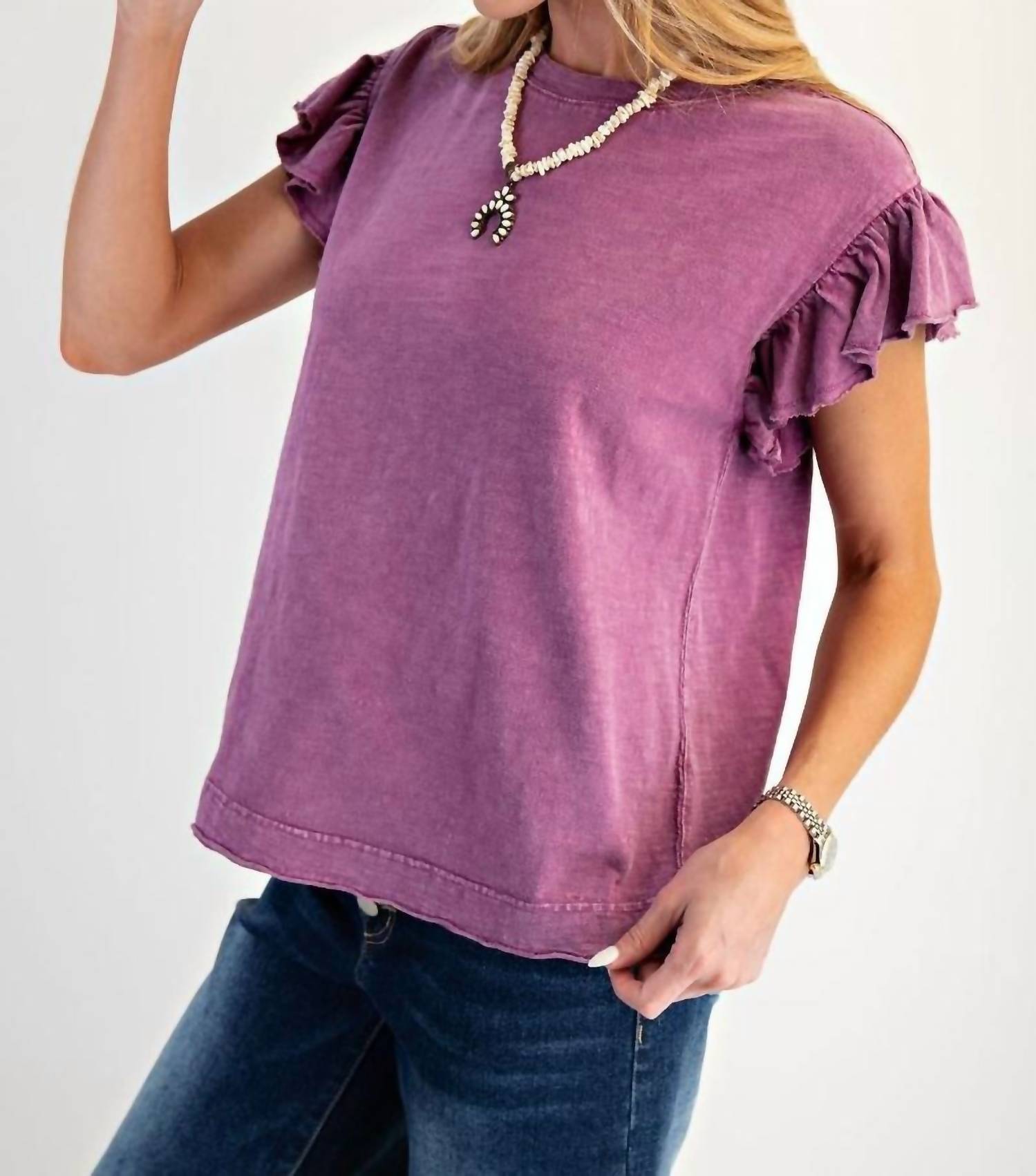Easel - Wing Sleeve Mineral Washed Cotton Knit Top