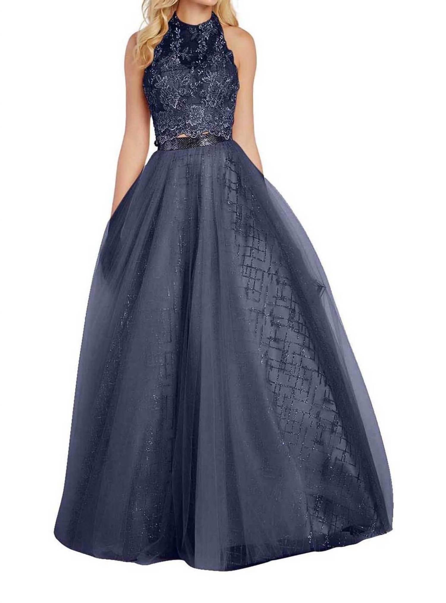 ALYCE PARIS Appliqued Illusion Halter Open Back Gown in navy - women's dress