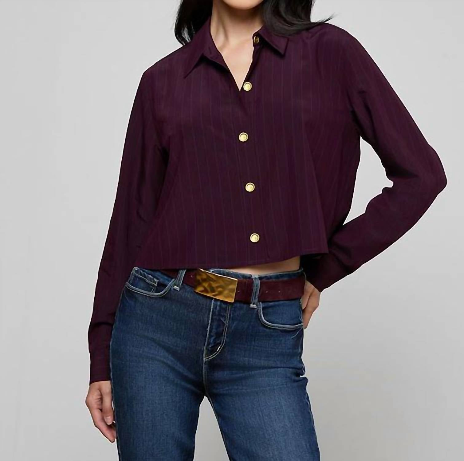 L'Agence Cosette Crop Hi Low Triped Shirt in dark malbec pinstripe - women's shirt