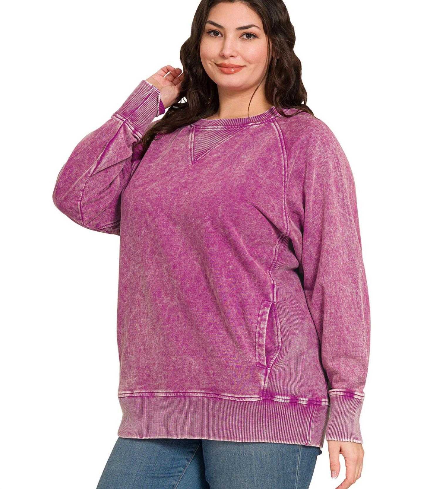 Zenana - Acid Washed French Terry Pullover Top - Plus