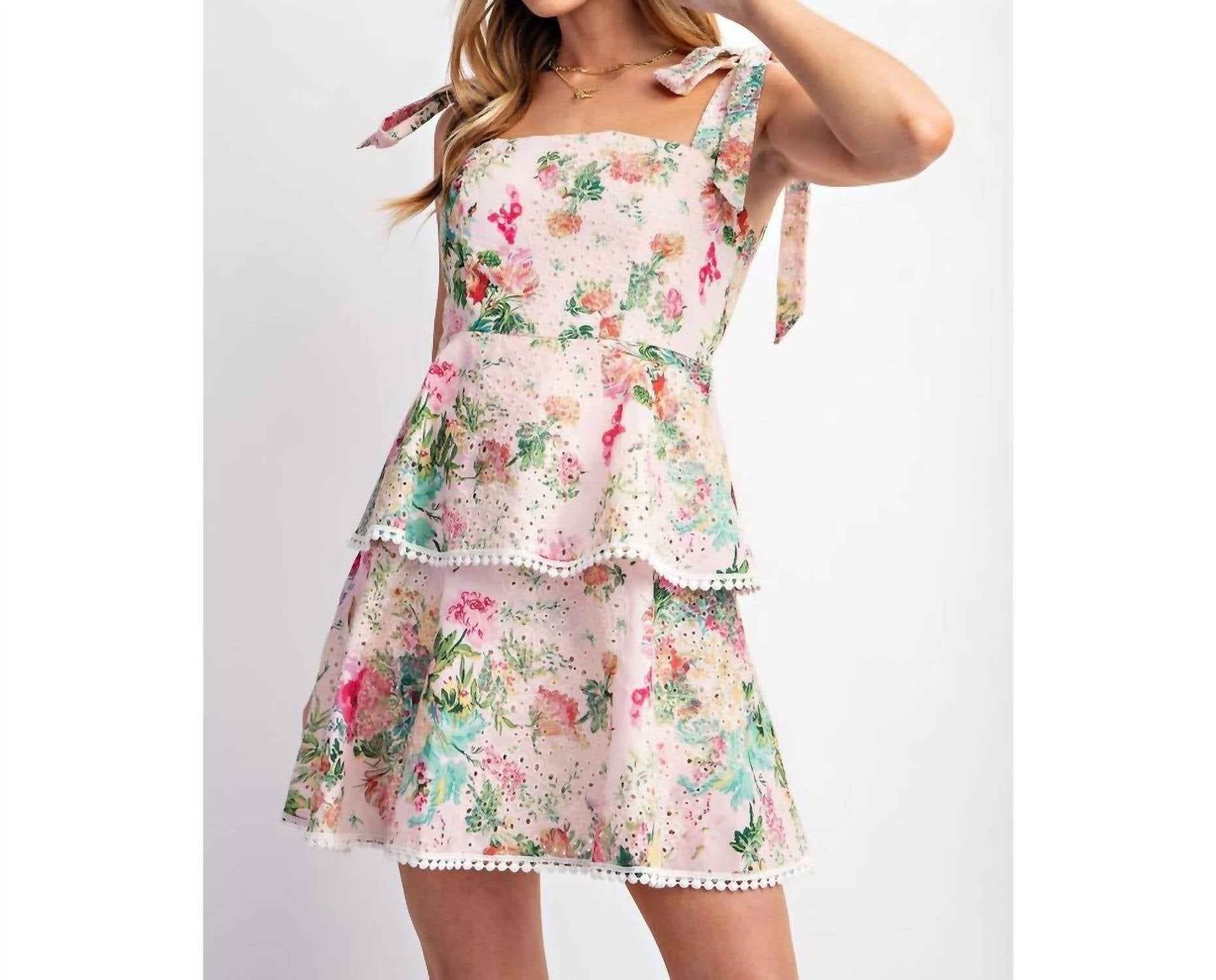 Sweet Generis - Lovely Print Eyelet Tiered Mini Dress