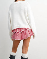 Buttermelon Heart Pattern Cropped V-Neck Cardigan in white - women's cardigan - alternate view