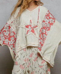 Pol - Relaxed Star Patch Floral Top With Hoodie