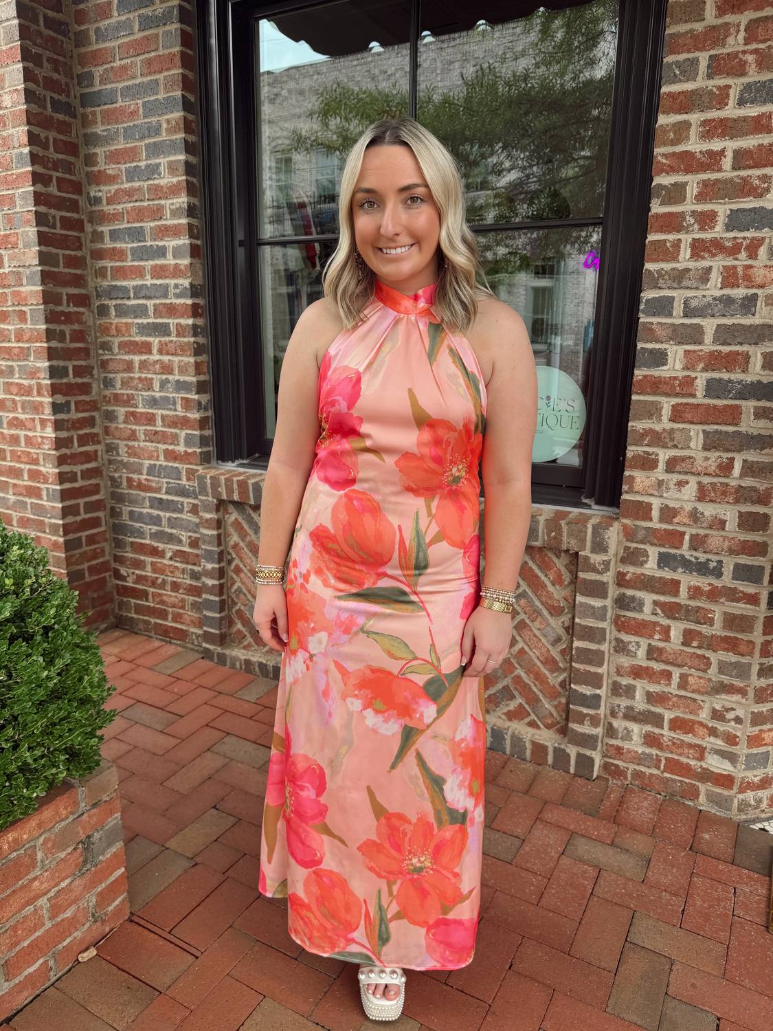 Tcec - Floral High Neck Satin Midi Dress