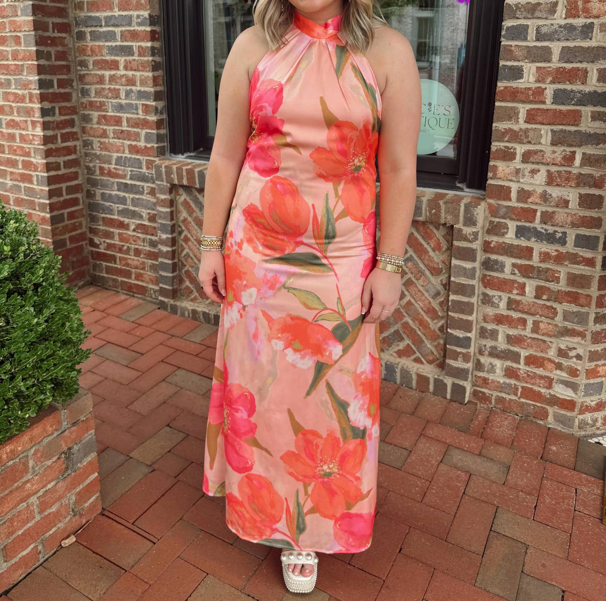 Tcec - Floral High Neck Satin Midi Dress