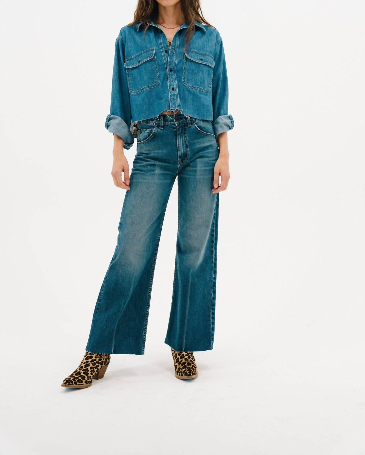 ASKK NY Crosby Combo Flannel Shirt in denim and houndstooth - women's shirt