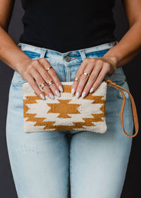 Panache Apparel Women's Western Aztec Cotton Wristlet in cream camel with leather pull - women's bag - detail view