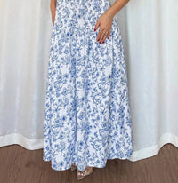 Unishe - Floral Print Knot Straps High Waist Flared Maxi Dress