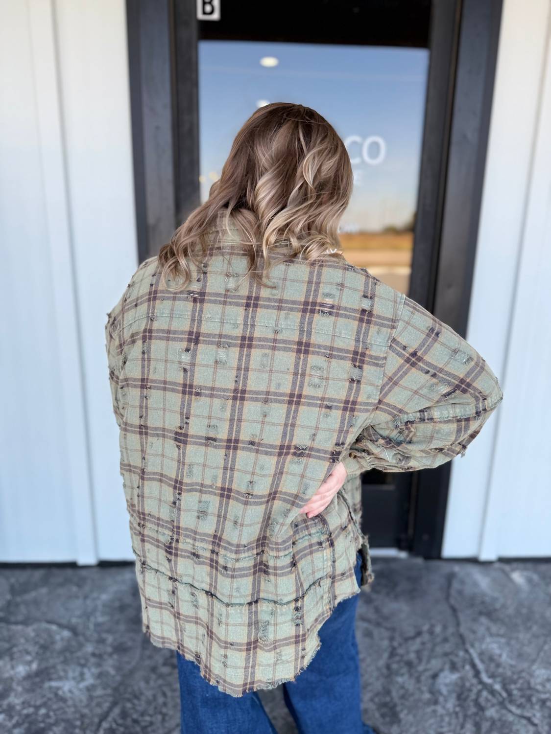 Easel Oversized Distressed Flannel Shirt in dusty sage - women's shirt - detail view