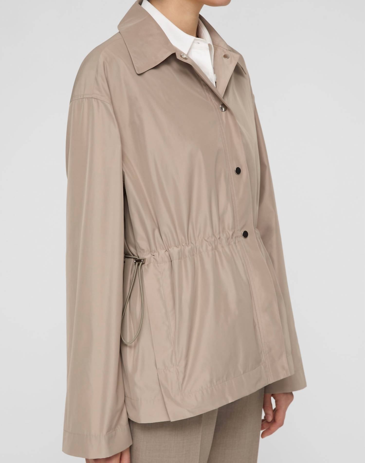 Lafayette 148 Tech Twill Gathered Waist Oversized Jacket in hickory - women's jacket - detail view