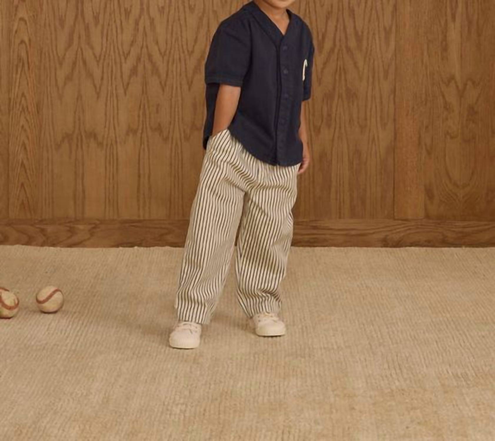 Rylee + Cru Baggy Pant in navy pinstripe - kids' jeans - detail view