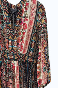 Shana Apparel Women's Patterned Midi Dress in multi - women's dress - detail view