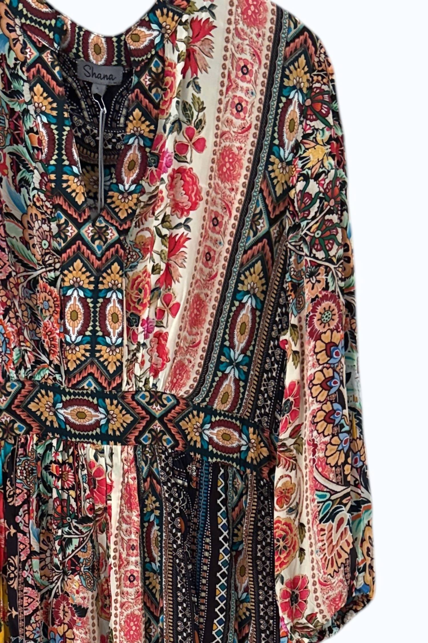 Shana Apparel Women's Patterned Midi Dress in multi - women's dress - detail view