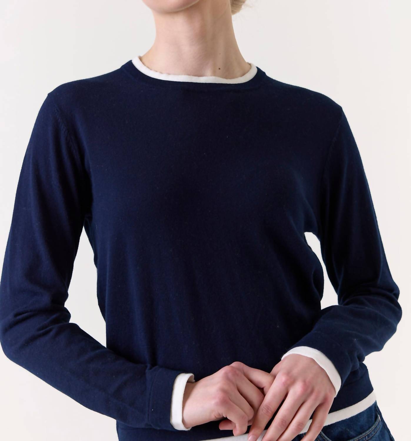 Wispr Double Contrast Trim Crewneck Jumper in navy - women's sweater