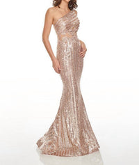 Rachel Allan - One Shoulder Sequin Jersey Prom Gown With Beaded Applique